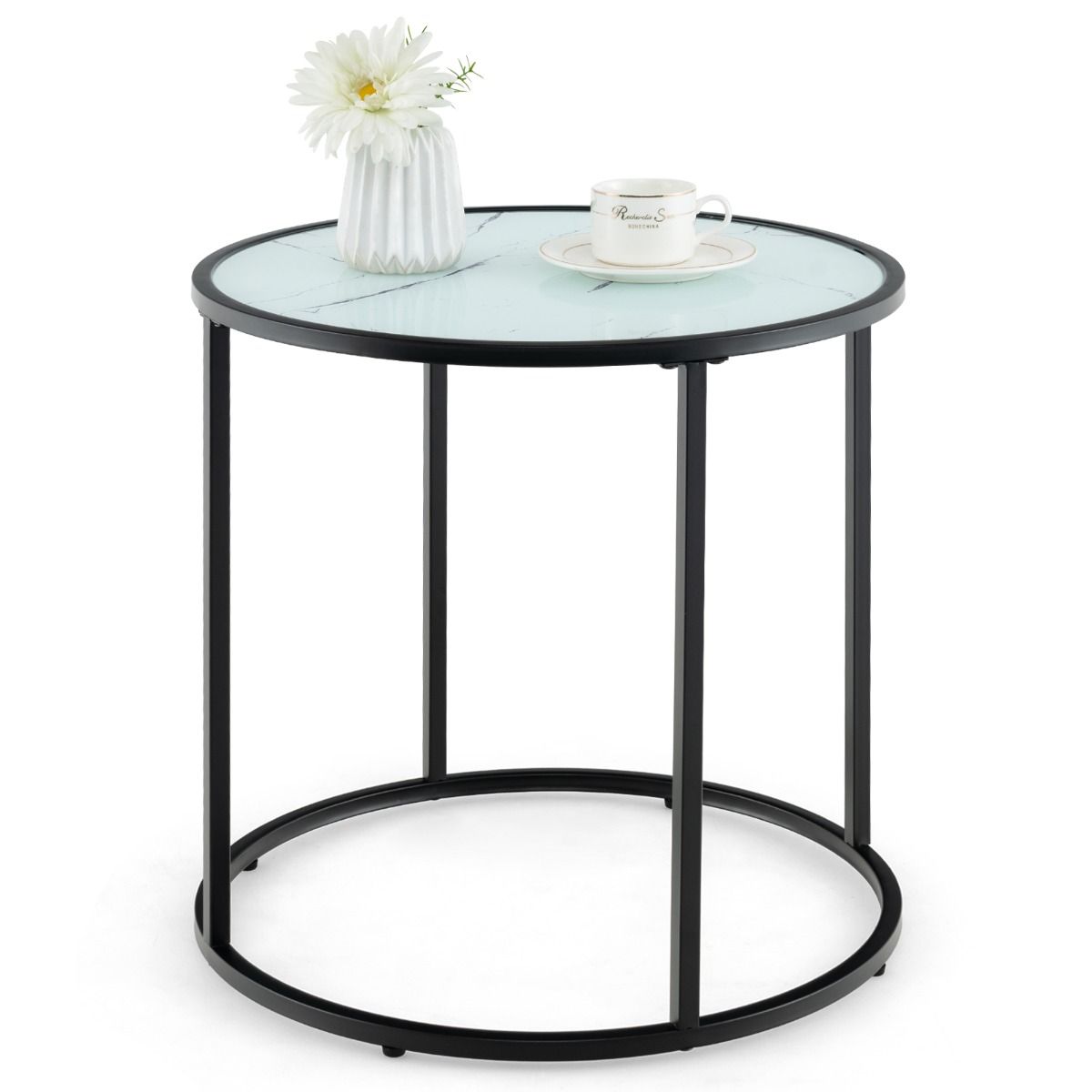 Table d'appoint ronde en verre Coast 50 cm avec plateau en marbre et cadre en métal noir - Design moderne