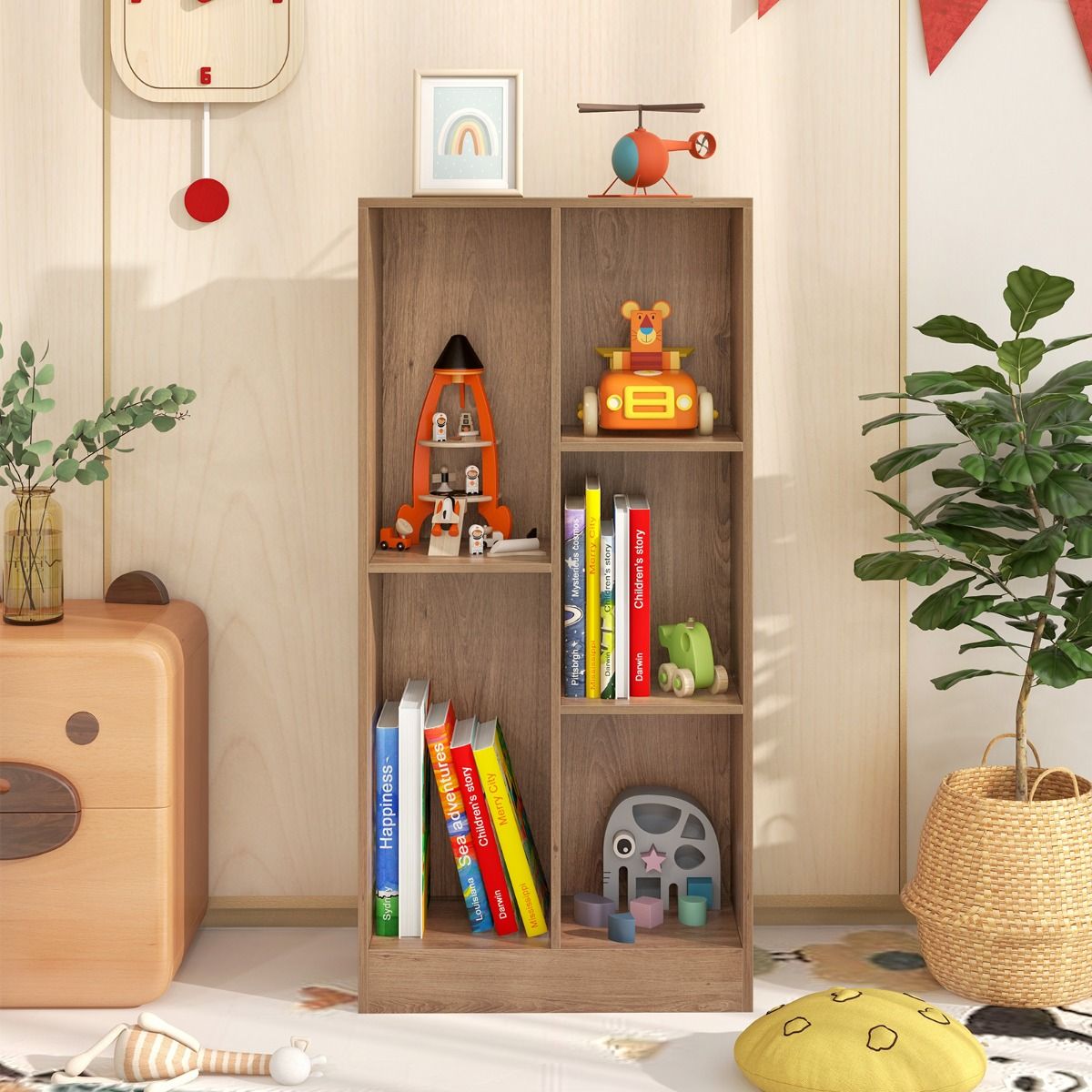Coast - Bibliothèque à 5 compartiments - Rayonnage à cube vertical, protection contre le basculement, capacité de 90 kg - 50 x 24 x 104 cm - Bois/MDF - Bois naturel