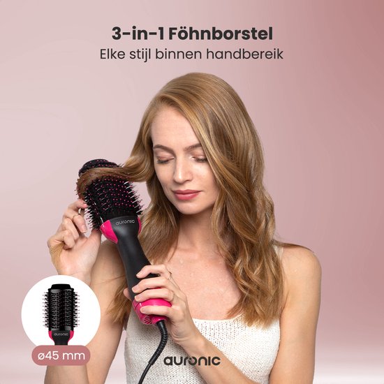 Auronic 3-in-1 Brosse sèche-cheveux pour plus de volume, de style et de boucles - Airstyler - Brosse à boucler - Brosse magique en céramique - 1000W - Ø 45 mm - Noir/Rose