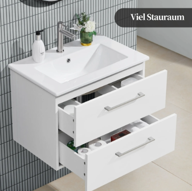 Meuble de salle de bains Yaheetech avec lavabo - Blanc brillant - 61 x 39,5 x 45,5 cm - Fixation murale, 4 tiroirs, lavabo en céramique