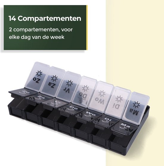 Boîte à pilules Gandria 7 jours - Boîte à pilules - Boîte à pilules avec 14 compartiments - Boîte à médicaments avec fermeture solide - Grands compartiments - Noir