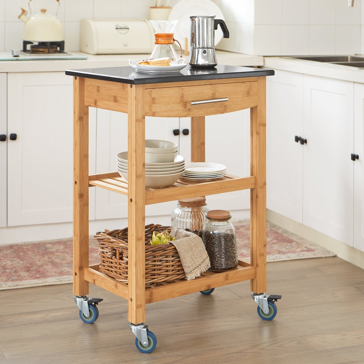 SoBuy Chariot de cuisine avec 1 tiroir et 2 étagères de rangement - Max. 50KG - 58 x 85 x 40 cm - Couleur bois