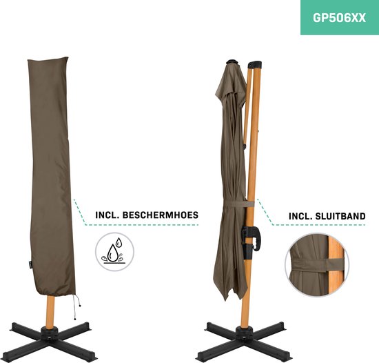 VONROC Premium Parasol Flottant Pisogne 300x300cm - Base transversale et housse de protection incluses - Parasol carré - Rotation 360° - Inclinaison - Toile résistante aux UV - Aspect bois - Noir