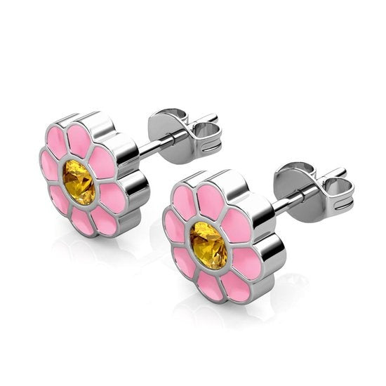 Yolora Kids Boucles d'oreilles fleurs roses - cristaux Kalpa Camaka - plaqué or blanc 18K - Enfant - Boucles d'oreilles filles couleur argent - Bijoux enfants - Boîte cadeau de luxe - Boîte cadeau - Emballage cadeau - Magnifique emballage cadeau