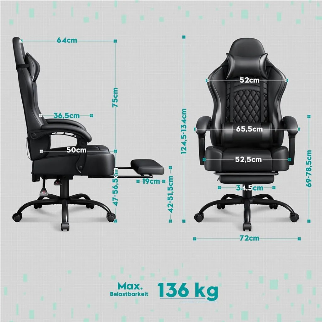 Yaheetech Gaming Chair 72 × 72 × 124.5-134 cm - Noir - Chaise de jeu ergonomique avec fonction de massage, repose-pieds et hauteur réglable