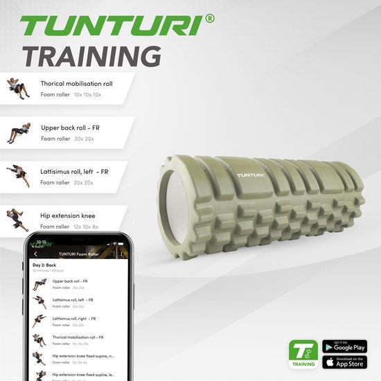 Rouleau en mousse Tunturi Yoga Grid - Rouleau de massage - Rouleau en mousse - Rouleau de fitness - Vert militaire - 33 cm - Application de fitness gratuite incluse