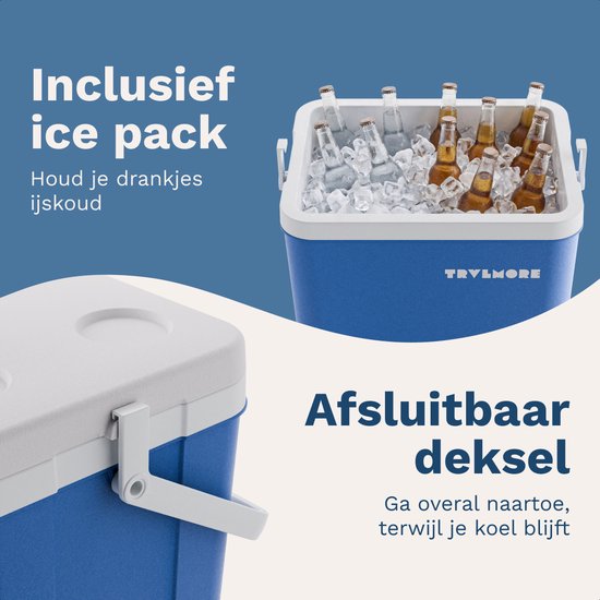 TRVLMORE Cool Box 26L - 65 heures de réfrigération - Frigobox - 2 éléments réfrigérants inclus - Bleu