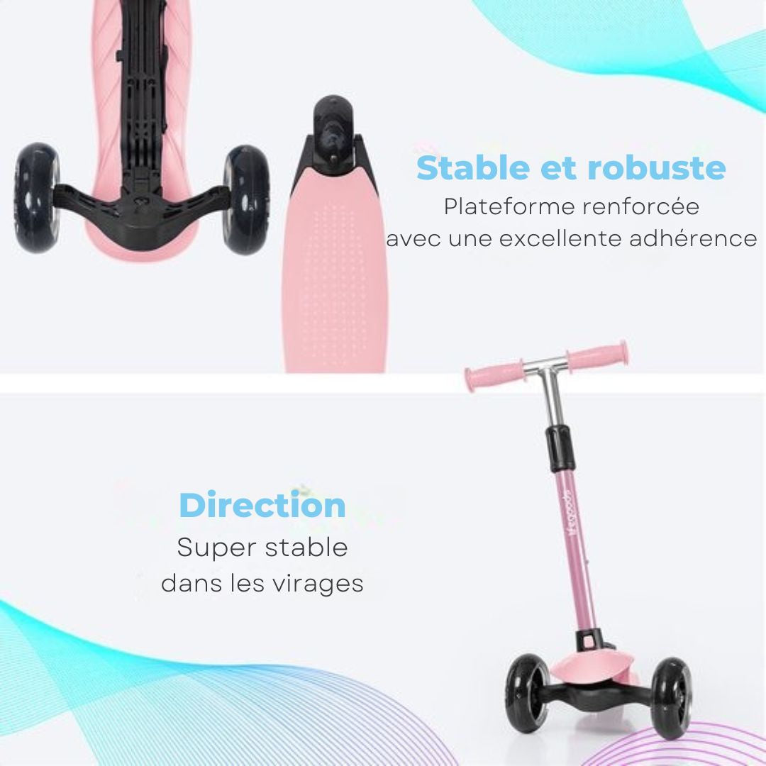 Trottinette enfants - LifeGoods - 2-5 ans - 3 roues LED lumineuses - Hauteur réglable - Garçons/Filles - Rose pastel
