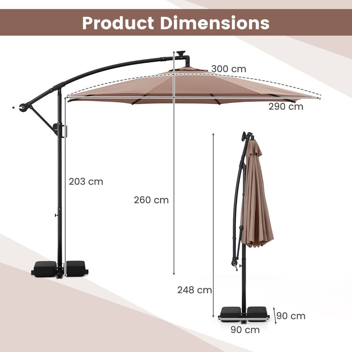 Parasol suspendu Coast avec éclairage LED - 9 modes d'éclairage - avec sacs de sable et balancier - marron - 300 x 260 cm