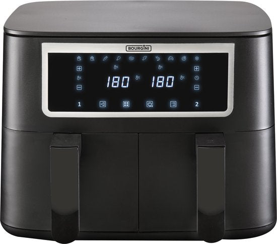 Friteuse à air chaud Bourgini Duo 2 x 4,0 L - Sans PFAS - Airfryer XXL - 2 tiroirs avec fonction de synchronisation - Écran tactile - 8 L - 2 600 W - Noir