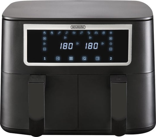 Friteuse à air chaud Bourgini Duo 2 x 4,0 L - Sans PFAS - Airfryer XXL - 2 tiroirs avec fonction de synchronisation - Écran tactile - 8 L - 2 600 W - Noir
