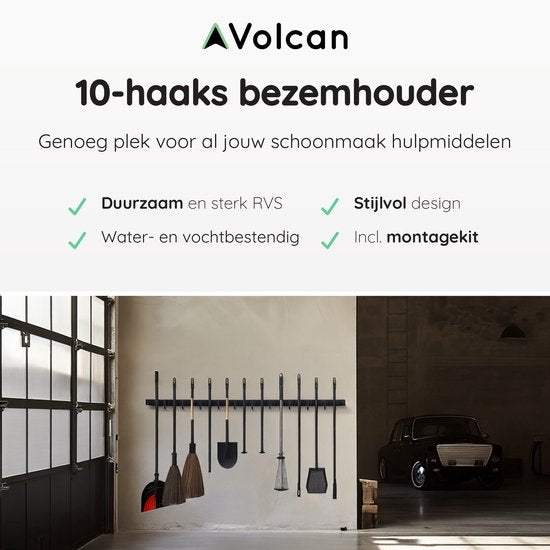 Porte-balais Volcan - Système de suspension pour balais et outils de jardin - 9 supports, 10 crochets - Ruban adhésif 3M - Porte-outils - Acier inoxydable noir
