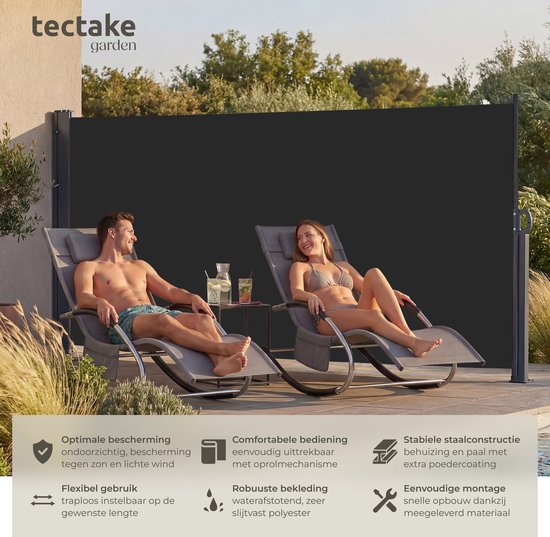 tectake® Pare-vent télescopique avec mécanisme d'enroulement - 300 x 160 cm - Auvent latéral avec armature en aluminium - Pare-soleil - Pare-vue de jardin - Pare-vue noir pour balcon - Pare-vue opaque - Toile de store