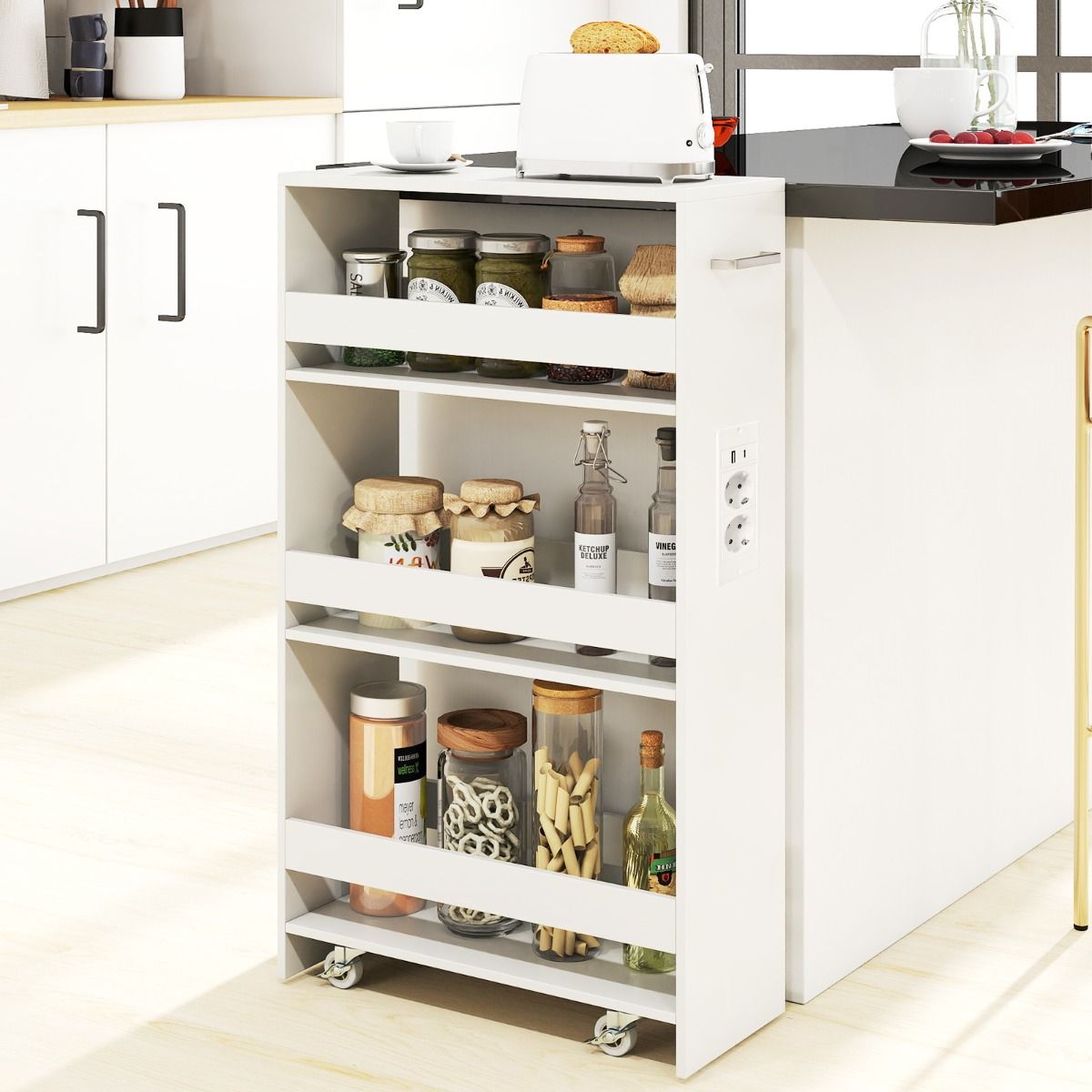 Chariot de rangement Coast Smalle - Chariot de cuisine mobile à 4 étages - avec station de recharge - blanc 47,5 x 20 x 80,5 cm