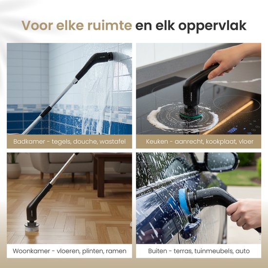 Brosse de nettoyage électrique Vapore - 14 accessoires + set de brosses à joints - moteur 421 tr/min - 3 vitesses - manche extensible de 118 cm - support mural 3M - polisseuse - brosse à récurer - pour la salle de bains et la cuisine