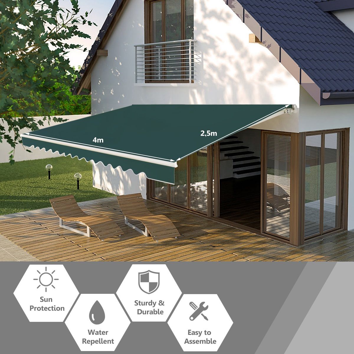 coast 4 x 2,5 m store de terrasse extensible - vert - armature en aluminium - manivelle manuelle
