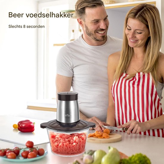 Bear QSJ-D03W5 - Hachoir électrique 2 L, mini-hachoir, fonction pulse à une main, 2 600 tr/min, 2 vitesses, hachoir avec 4 lames en acier inoxydable, hachoir à viande, préparation des repas pour bébés, légumes
