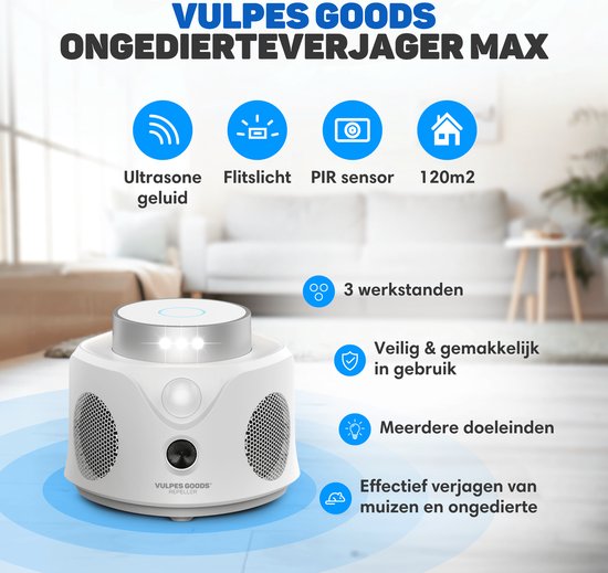 Vulpes Goods® Repellent - Répulsif à souris à ultrasons - Répulsif pour l'intérieur - Lutte contre les souris et les insectes respectueuse des animaux - Piège à souris respectueux des animaux - Protection à 360 degrés - Répulsif pour les nuisibles - Versi