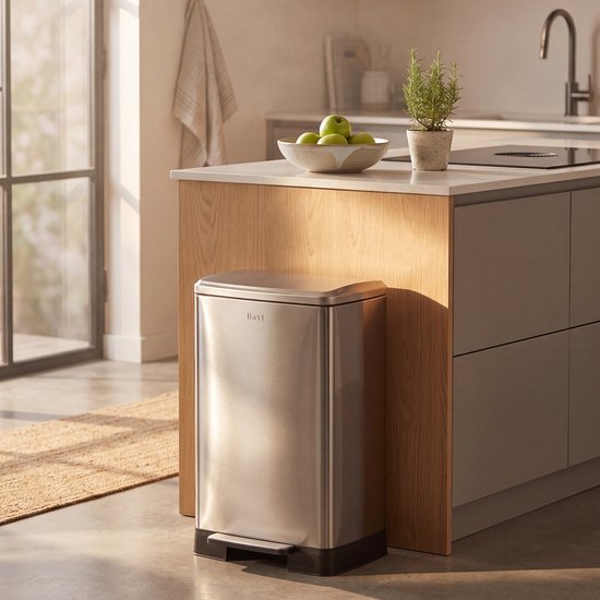 Poubelle Bayt - Poubelle 60 litres - Poubelle à pédale 60 litres - Poubelle 60 litres - Poubelle - Acier inoxydable - Argent