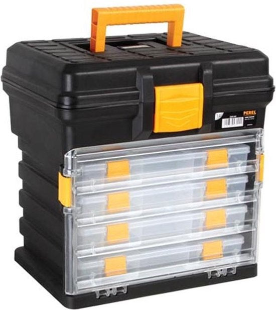 Perel Mallette de rangement polyvalente, polypropylène, 5 pièces, portable, avec 4 boîtes de tri amovibles, noir/jaune, 340 x 272 x 341 mm