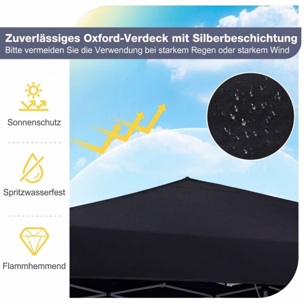 Tente de fête pop-up Coast 290 × 290 cm – Pavillon pliable avec 3 réglages de hauteur, sac de transport, cordes de tension et piquets – Noir