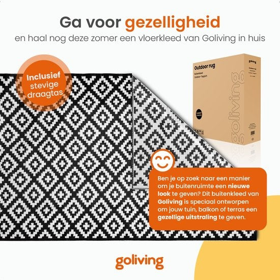 Goliving Tapis d'extérieur Summer Diamond - 183x290CM - Tapis de jardin - Tapis d'extérieur - Tapis - Tapis de jardin - Réversible - Sac de transport inclus - Noir/Blanc
