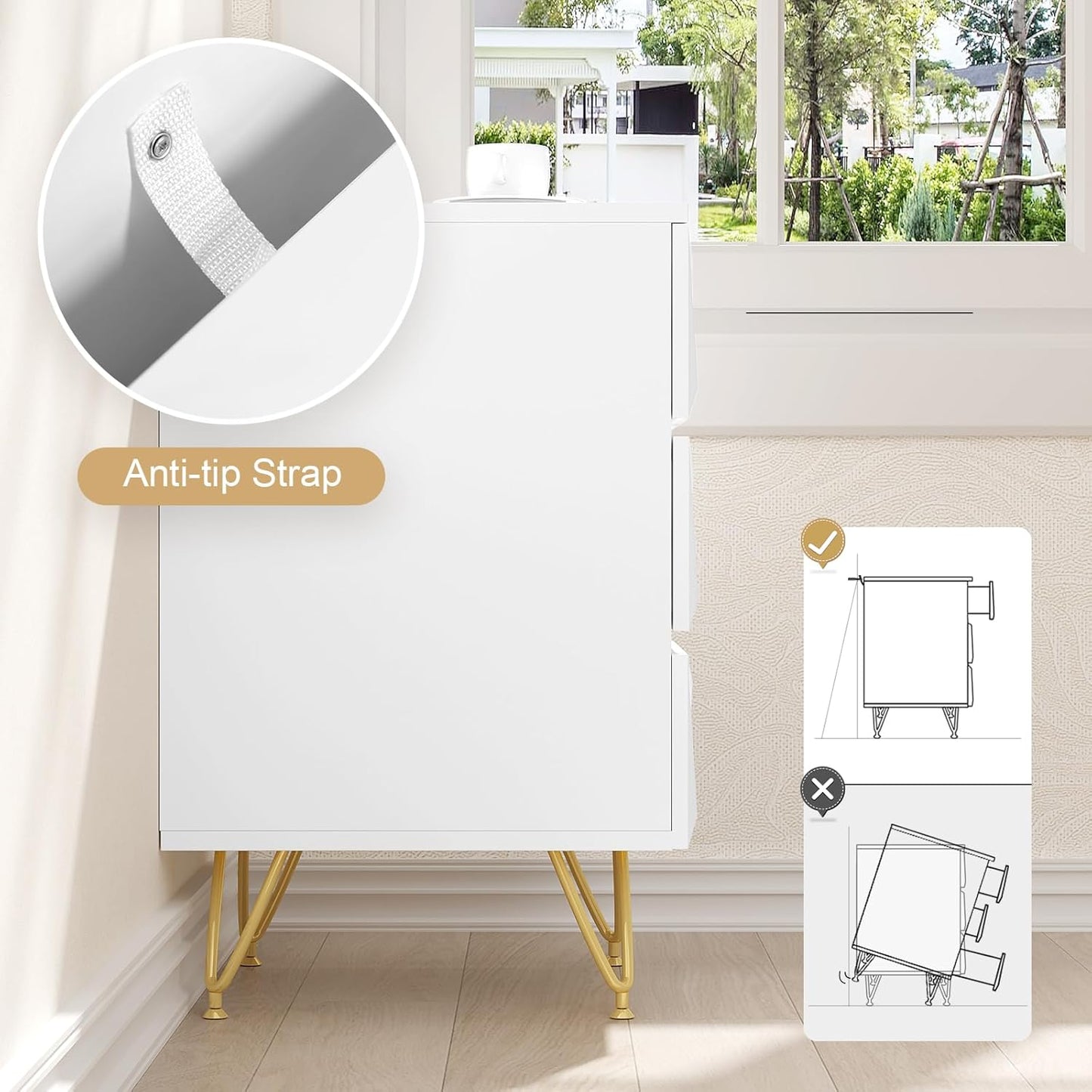 Eugad Table de chevet avec 3 tiroirs - 40x40x62,5 cm - Blanc avec or - Design 3D moderne