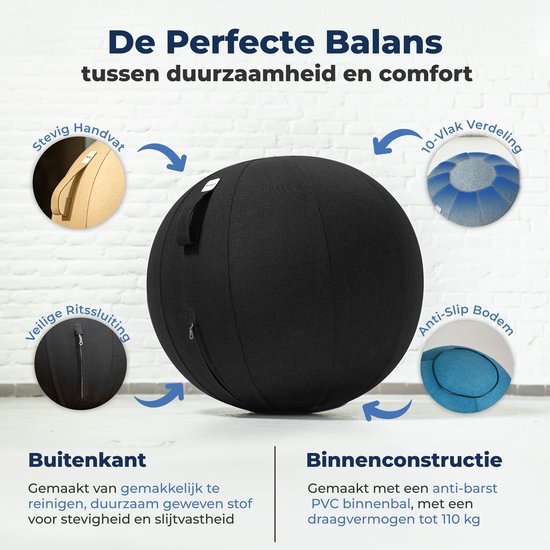 Backerz Sitting Ball 55 CM - Balle d'assise avec housse en lin - Chaise ergonomique pour le bureau et la maison - Balle de yoga de luxe - Noir 2