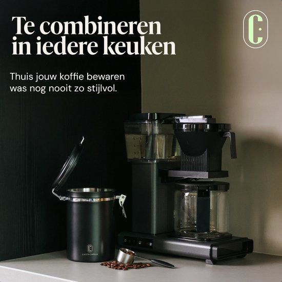 Boîte à café Castagnola 1,8L - Noir mat - hermétique avec sortie CO2 - 600 grammes - 12,5 x 12,5 x 19 cm