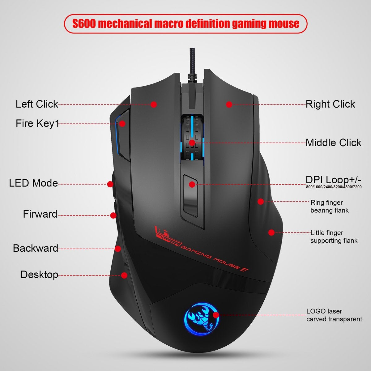 HXSJ S600 Pro Optical Gaming Mouse - Programmable - Lumière RGB - Ergonomique - 7200DPI - Noir