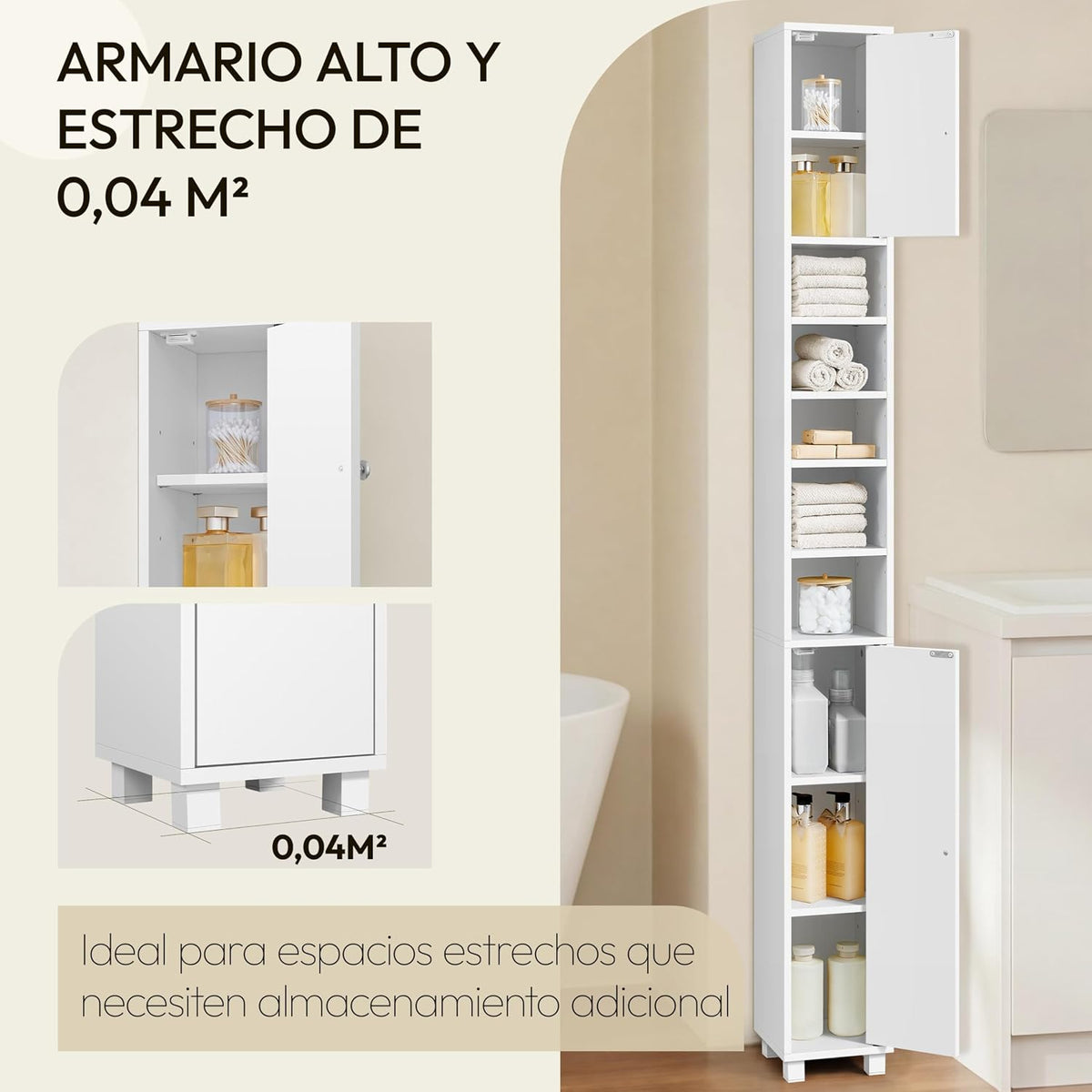 Armoire de salle de bains Yaheetech, modèle étroit, avec 6 étagères réglables, 20 × 20 × 180,5 cm, blanche