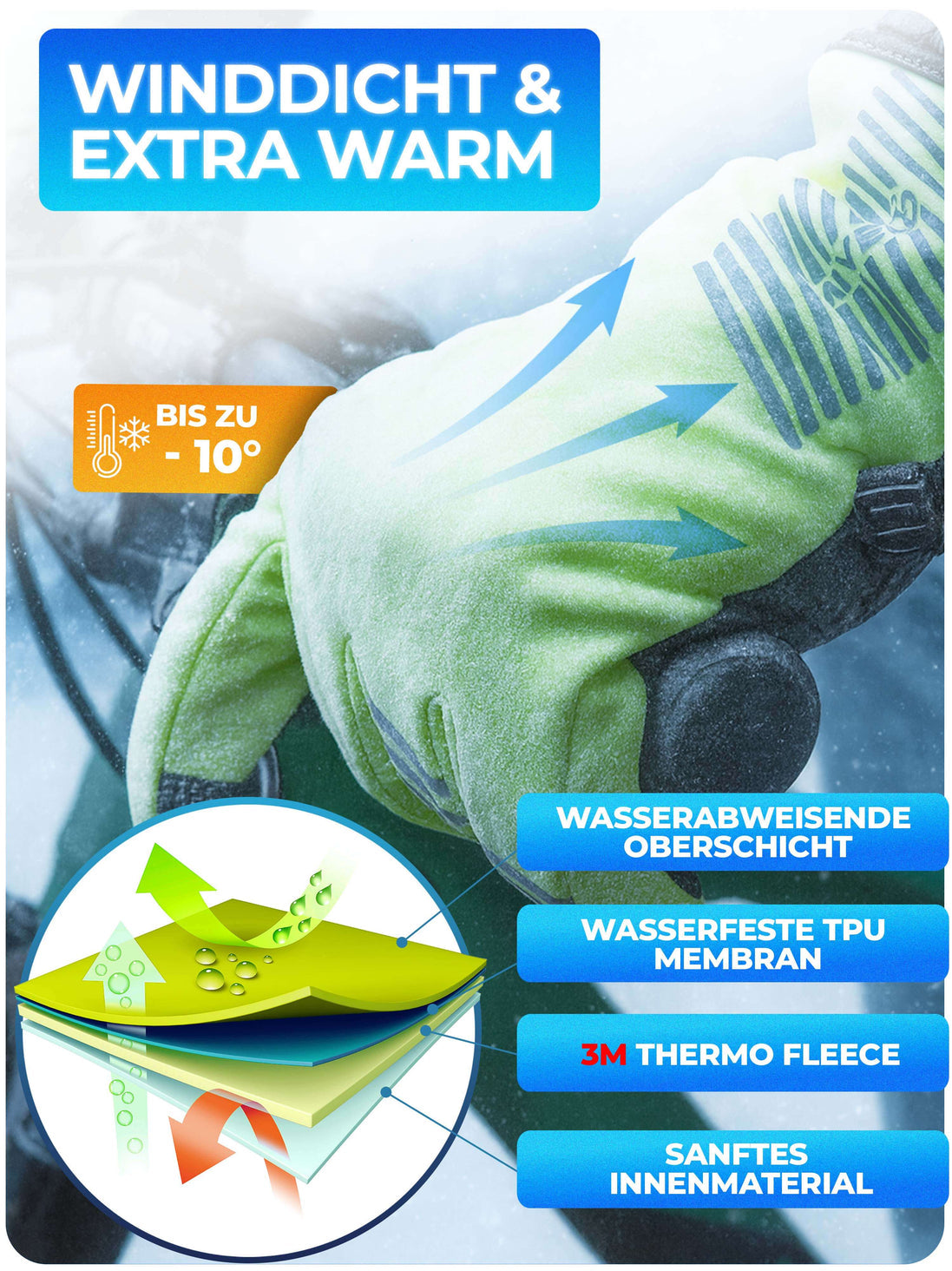 Gants d'hiver - Thermo Fleece & 3M Insulation - Coupe-vent & déperlant - Ecran tactile - Grip antidérapant - Jaune - Taille M