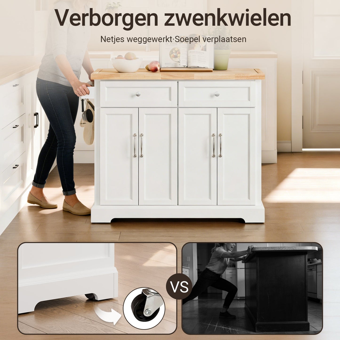 SoBuy FKW71-WN Chariot de cuisine avec plan de travail extensible - Blanc/Naturel - Chariot de service / Îlot de cuisine