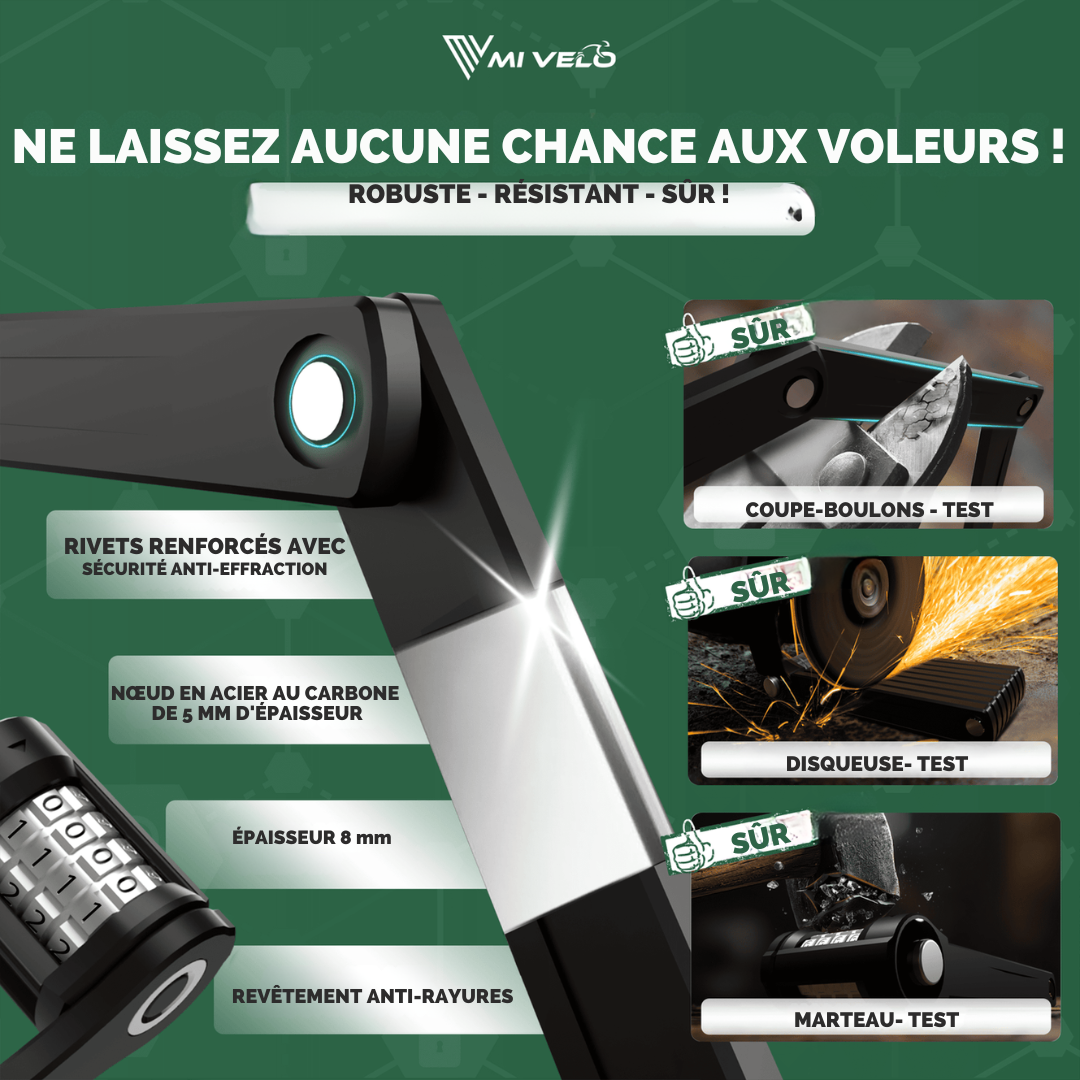 Cadenas pour vélo MIVELO  - Avec serrure à numéro - Acier inoxydable extrêmement robuste - 120 cm - Noir