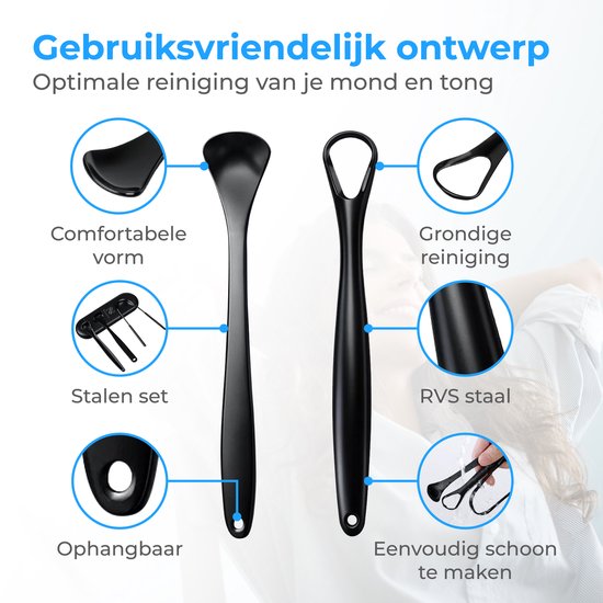 Grattoir à langue professionnel Nuvance - Kit 3 en 1 - pour l'hygiène bucco-dentaire - Nettoyeur de langue - Grattoir à langue - Tongue Scraper - Acier inoxydable - Noir