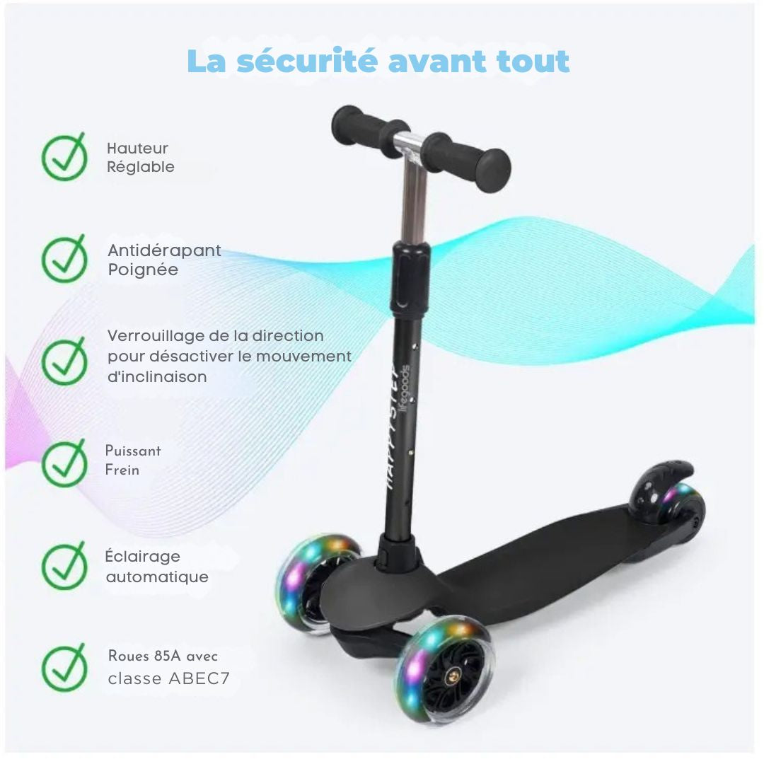 Scooter pour enfants LifeGoods HappyStep - Étape 2-5 ans - 3 roues lumineuses - Garçons/Filles - Noir