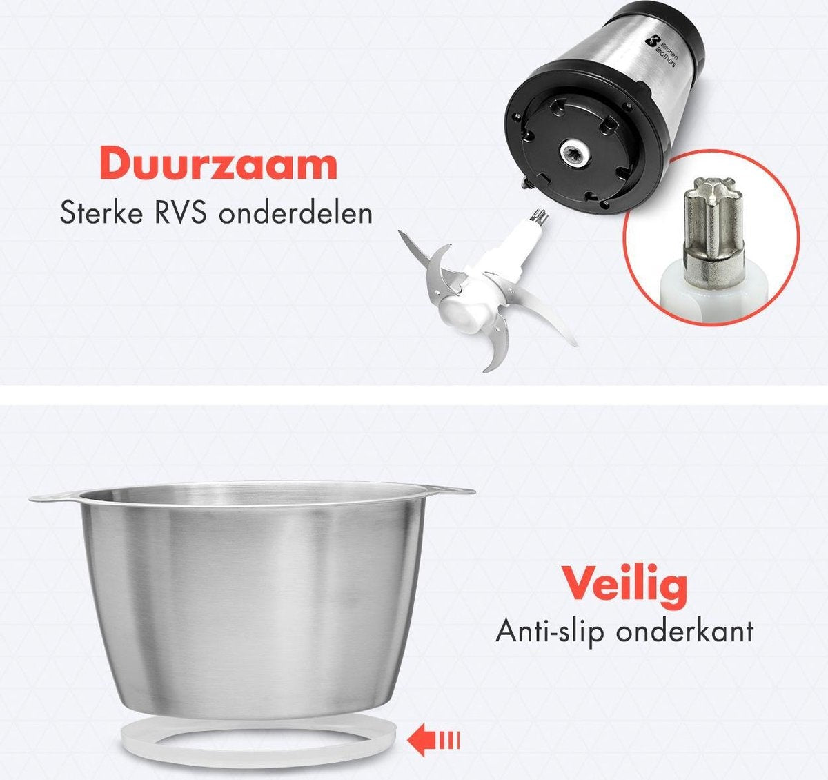 KitchenBrothers Hachoir électrique - 2 vitesses - 300 W - 1.8 L - Bol en acier inoxydable