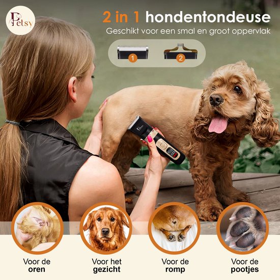Tondeuse professionnelle pour chiens Petsy - Tondeuse 2-en-1 pour animaux à poil épais - Silencieuse - Tondeuse pour chiens et chats - Tondeuse pour chiens - Station de recharge incluse