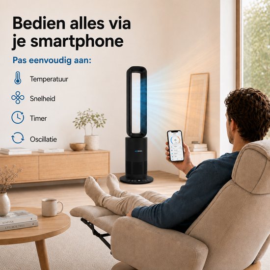 Ventilateur sans fil Aironex noir - Refroidisseur d'air économe en énergie - Refroidisseur d'air avec fonction rotative - Chauffage et refroidissement en un seul appareil - Ventilateurs - Ventilateur de table - Ventilateur sur pied