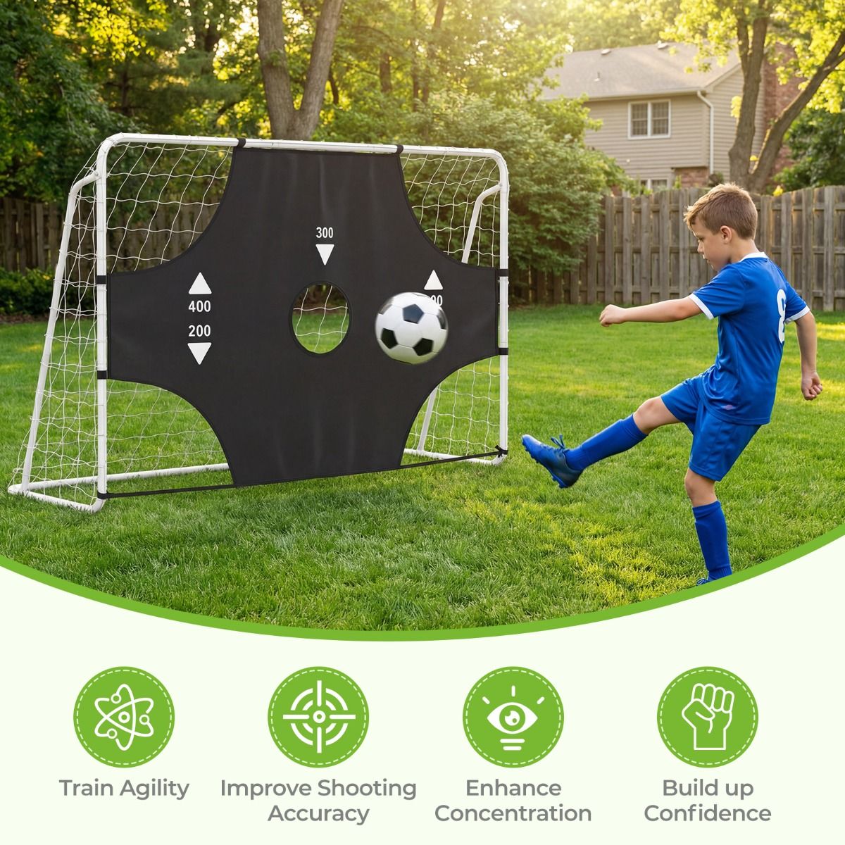 But de football Coast avec panneau amovible - 5 ouvertures de tir - Piquets de fixation inclus - Blanc 215 x 77 x 152 cm