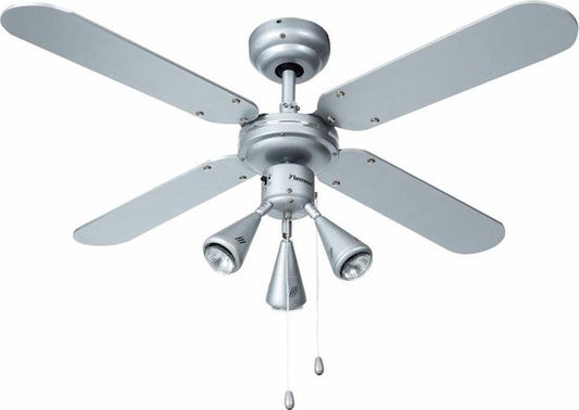 Bestron Ventilateur de plafond avec éclairage, 3 vitesses et très grande portée de Ø102cm, incl. fonction été/hiver, 3 x GU10 LED, 50Watt, DLHB42S, couleur : argent/bleu