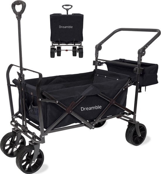 Dreamble® | Wagon | Gris | Jusqu'à 140KG | 120L | Fonctions de traction et de poussée | Tapis de sol souple et épais de 4cm - pour les enfants | Roues extra larges Ø20cm | Espace de rangement supplémentaire | 130x110(LxH) | 2 poches à l'extérieur, 1 poche