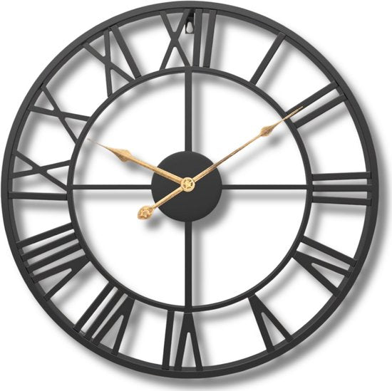 Horloge murale Tyme de style industriel – 34 cm – Chiffres romains – Facile à lire – Analogique – Mécanisme d'horlogerie – Horloge murale moderne – Quartz – Noire