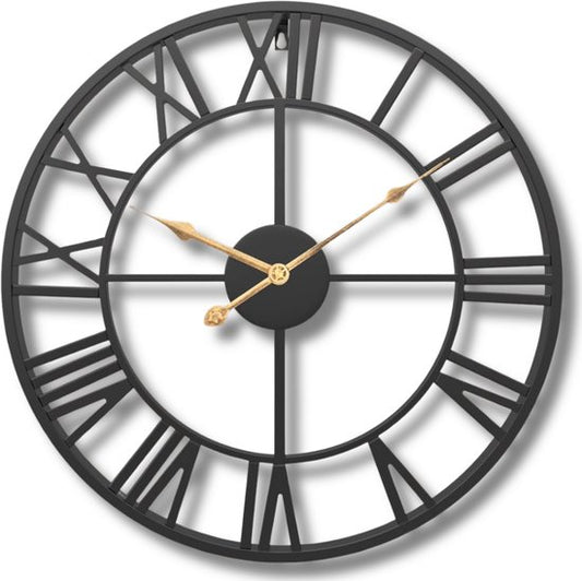 Horloge murale Tyme de style industriel – 34 cm – Chiffres romains – Facile à lire – Analogique – Mécanisme d'horlogerie – Horloge murale moderne – Quartz – Noire