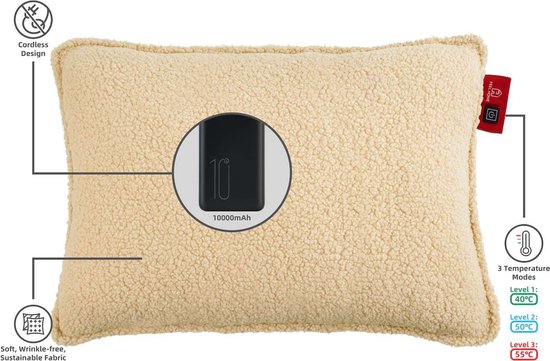 Feel Home - Oreiller chauffant - Teddy - Blanc cassé 45x60cm - avec banque d'alimentation 10000mAh