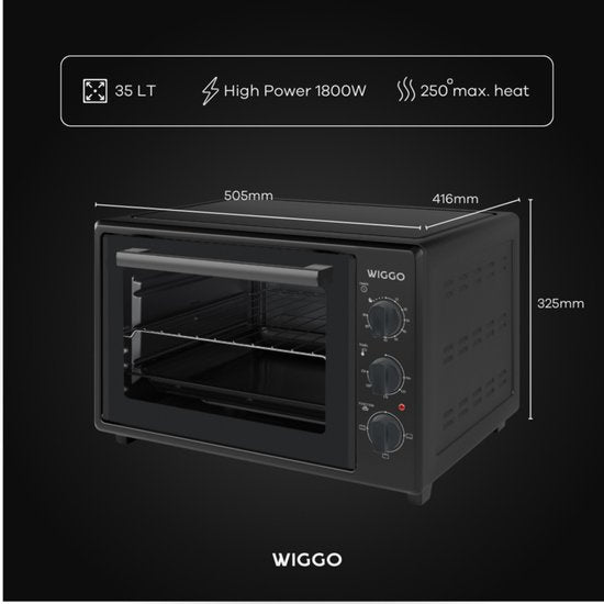 Wiggo WMO-E353(B) - Mini-four autonome - Électrique - 50 cm - 35 litres - 1 800 W - Garantie 5 ans - Noir