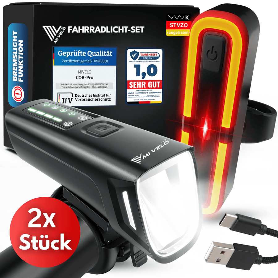 Kit d'éclairage Smart-Ultimate pour vélo - LED - 100 Lux - Feu de freinage - USB - Noir