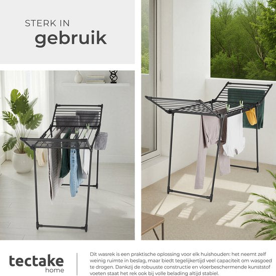 tectake® Séchoir à linge - Séchoir à linge - Longueur de séchage : 18 mètres - Pliable - Sur pied - Séchoirs à linge avec 2 supports pour le petit linge - Ailes latérales hautes pour les vêtements longs - Noir