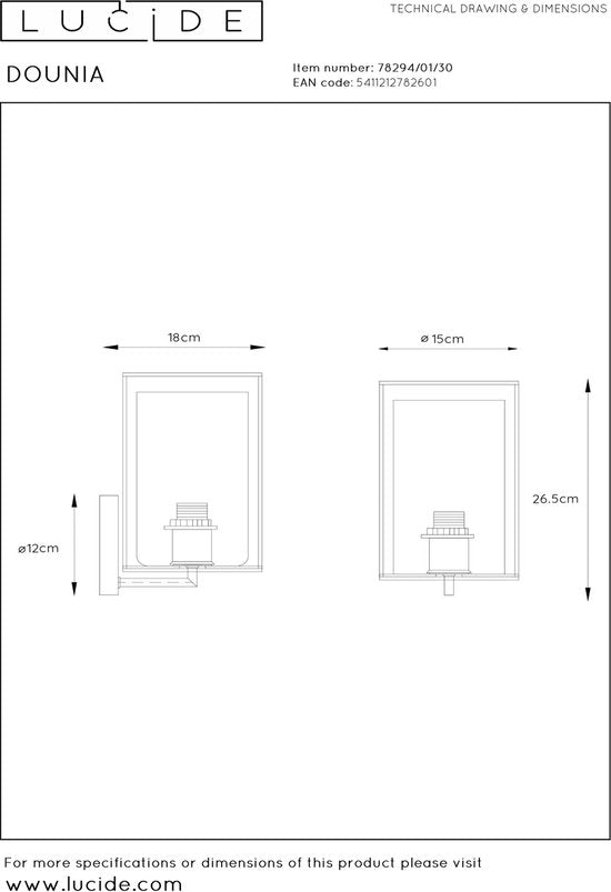 Applique murale Lucide DOUNIA - Ø 15 cm - E27 - Noir