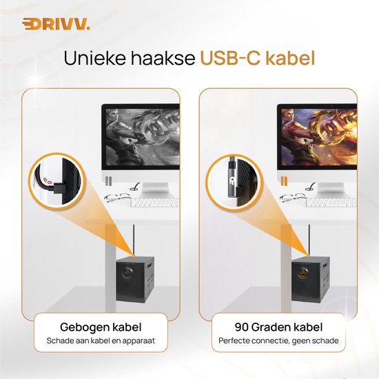 Câble Drivv. USB vers USB-C - À angle droit - Câble de données et de recharge USB-C - Recharge rapide - 3 mètres - Gris